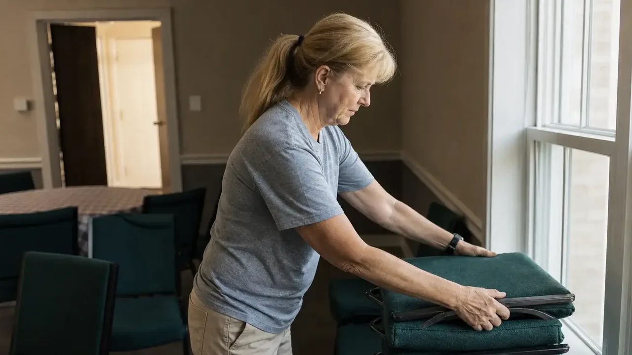 Volunteer greeter guiding an arriving visitor through the entrance doors
