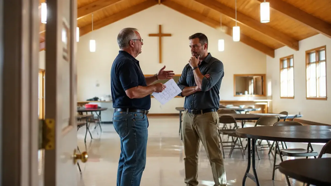 Two people discussing blueprints near a restroom wall in bright daylight