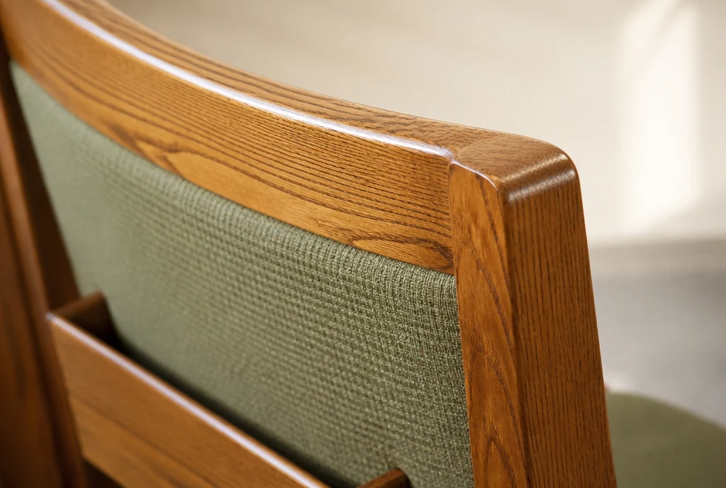 Close-up concept of oak chair joinery, a rounded rail and sage upholstery texture