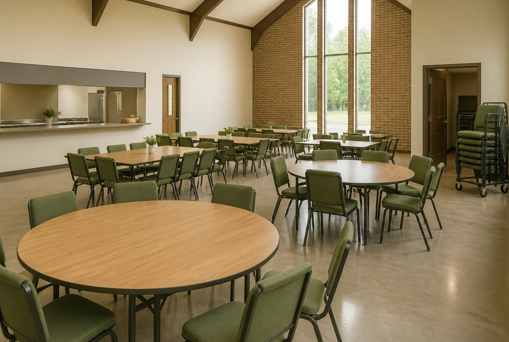 Illustrative Alabama fellowship hall with dining tables, upholstered chairs and a serving area