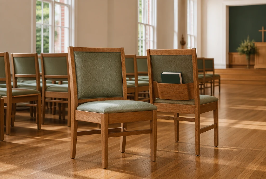 Oak and sage upholstered chair concepts in an Alabama-inspired church sanctuary