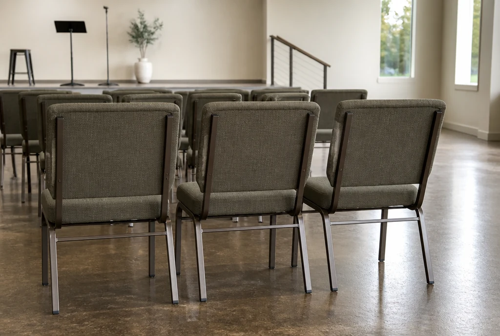 Upholstered metal chair concepts in a contemporary Alabama-inspired multipurpose worship room