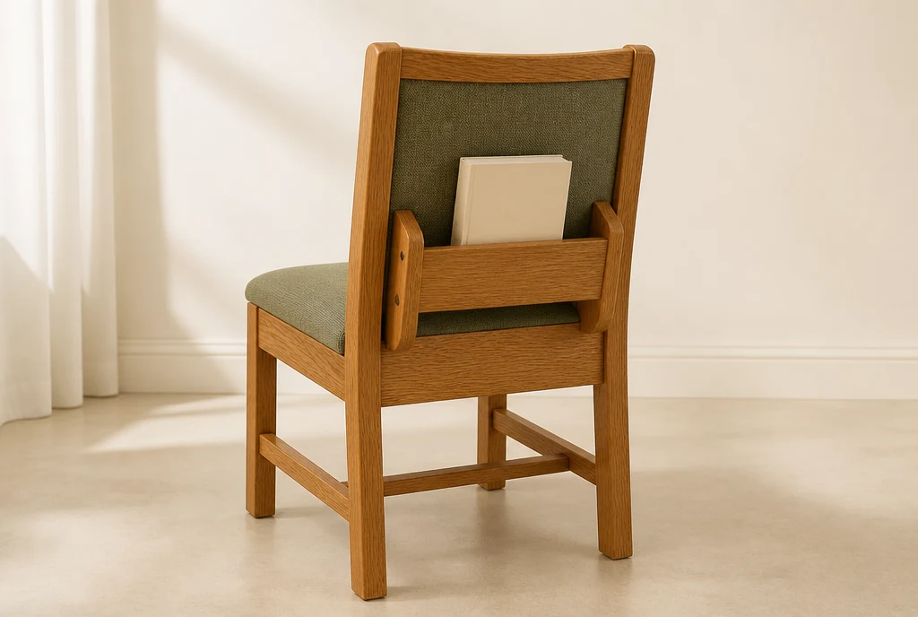 Rear view of a honey oak and sage church chair concept with a wooden hymnal rack