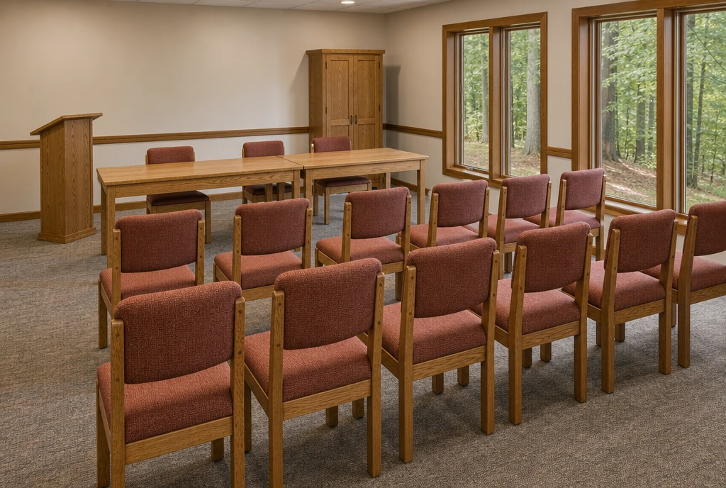 Full-size oak chairs and teaching tables in an illustrative Arkansas adult classroom