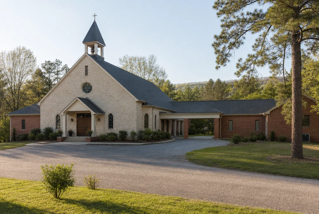 Illustrative church exterior in a Arkansas Ouachita foothill setting