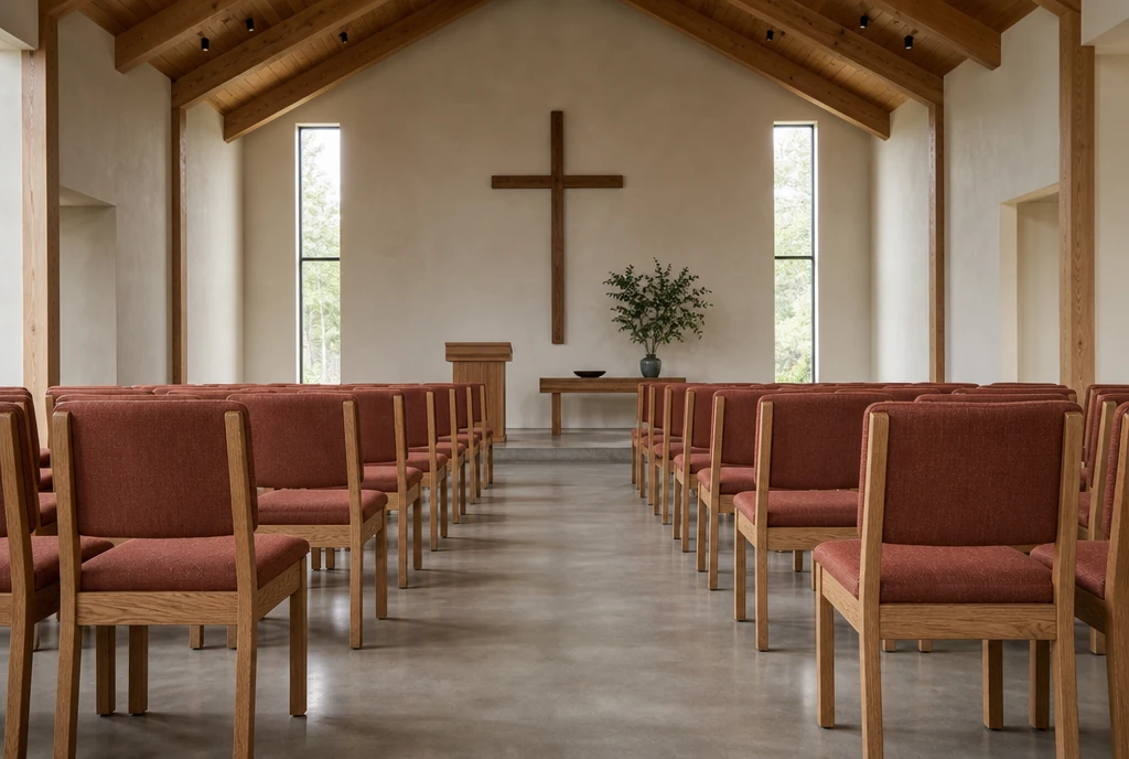 Oak chairs with muted rust upholstery in an illustrative Arkansas sanctuary