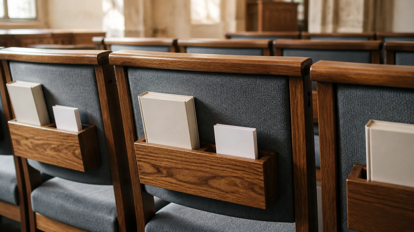 Church chair concepts with wooden rear book racks holding service materials
