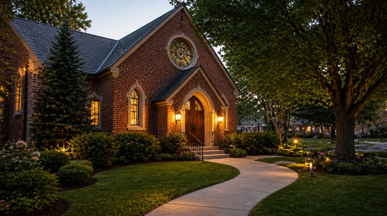 A brick church entrance with a landscaped approach at dusk