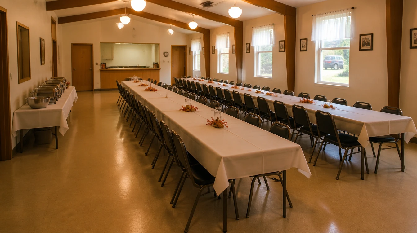 Long tables and chairs arranged for a church fellowship meal