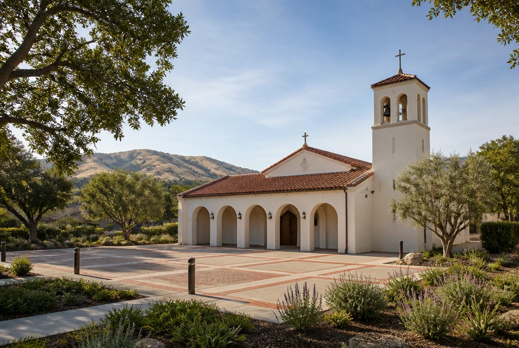 Illustrative California stucco church with a tile roof, live oaks and golden foothills