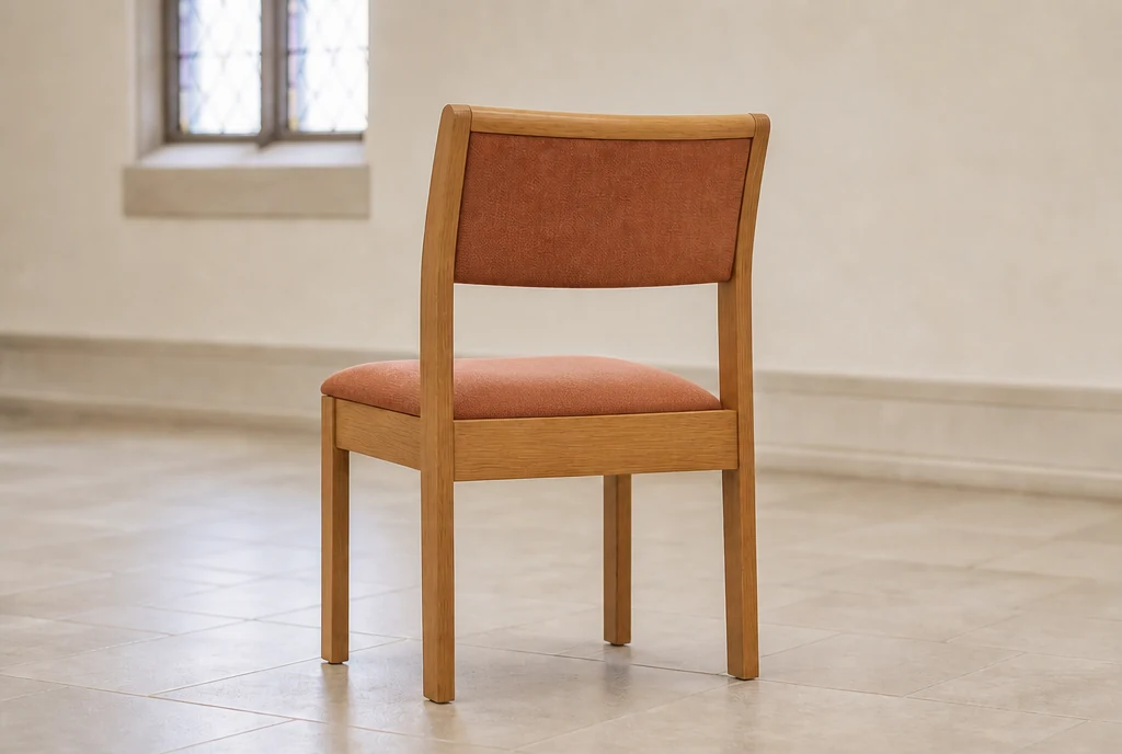 Matching light-oak church chair concept with clay upholstery and a clean back