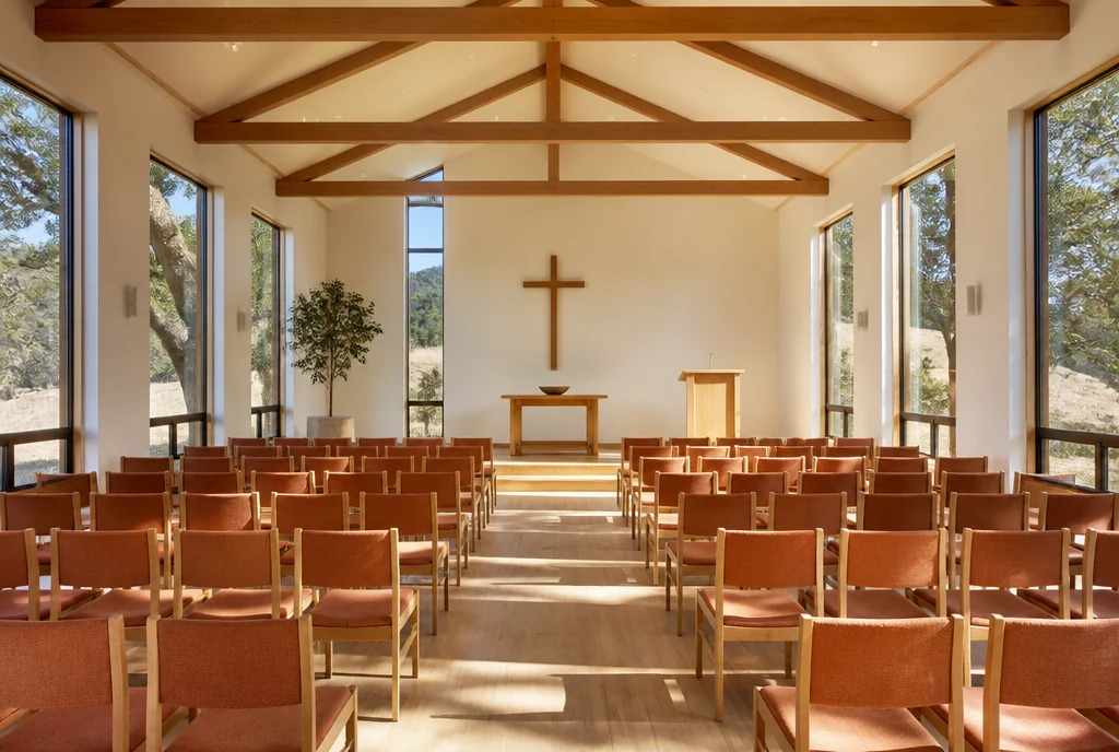 Light-oak upholstered chairs in a bright illustrative California sanctuary
