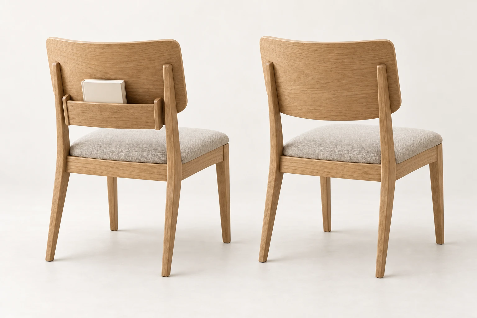 Contemporary wood church chair concepts, shown with and without a rear book rack