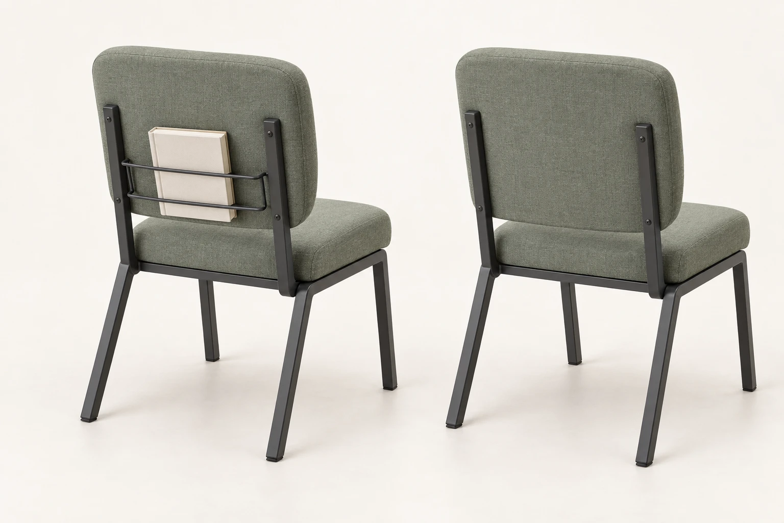 Metal-frame church chair concept with and without a rear book rack