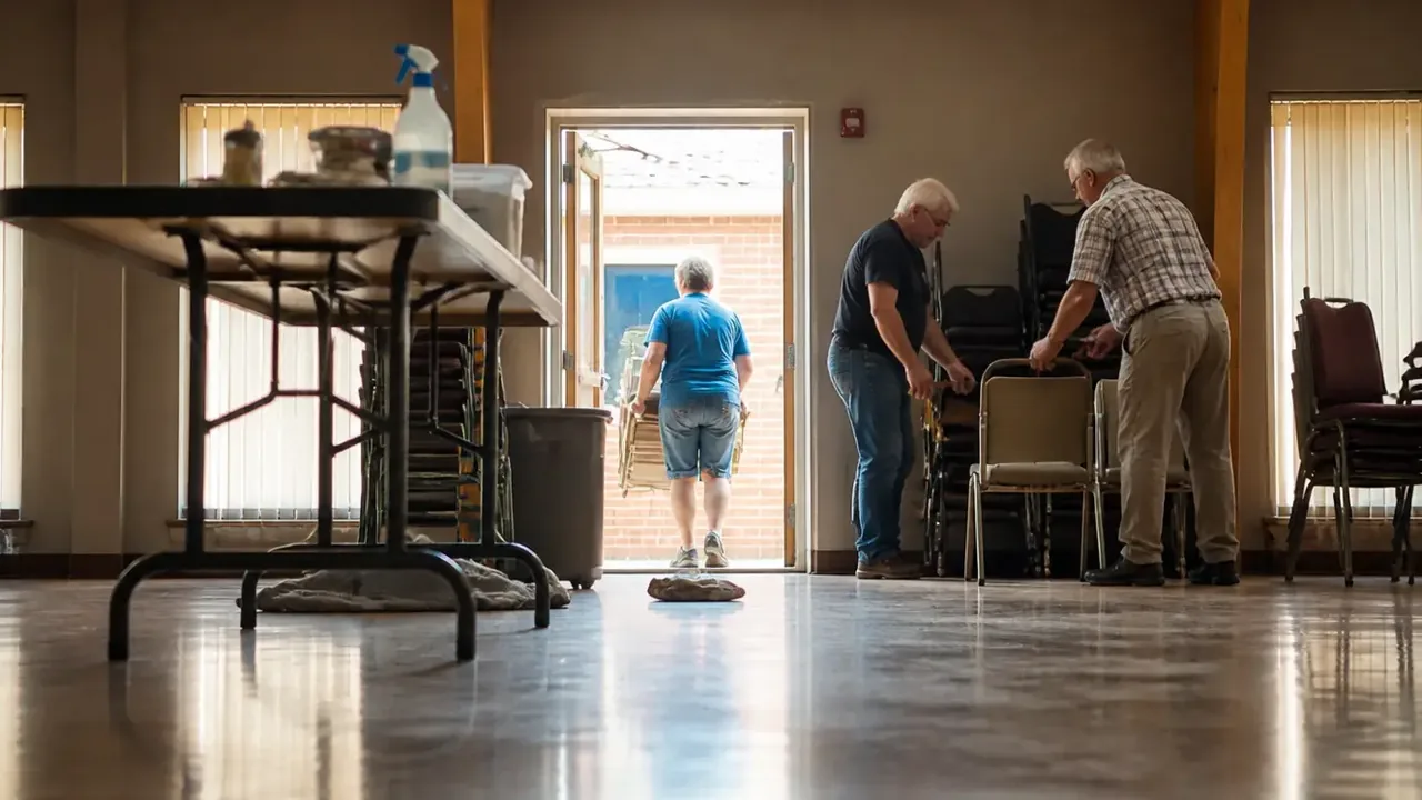 Low angle of a nursery check-in desk beside a wide doorway
