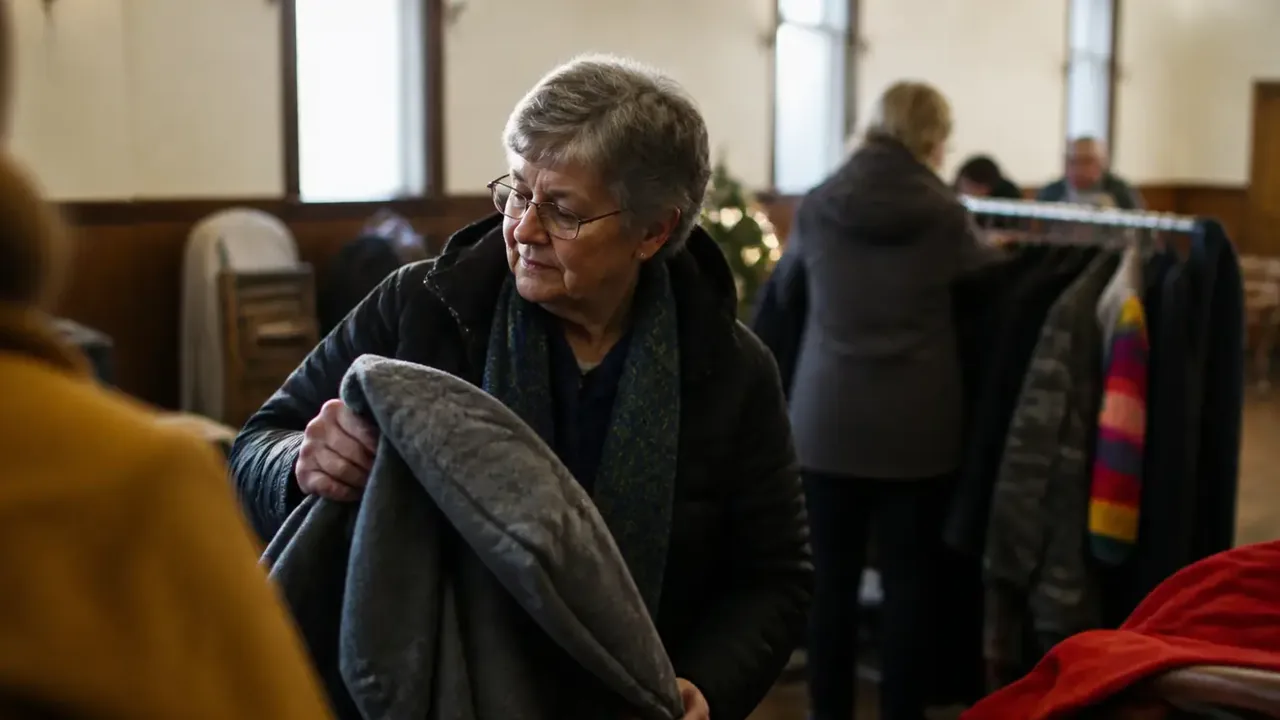 Coat rack crowded with winter jackets framed through blurred foreground