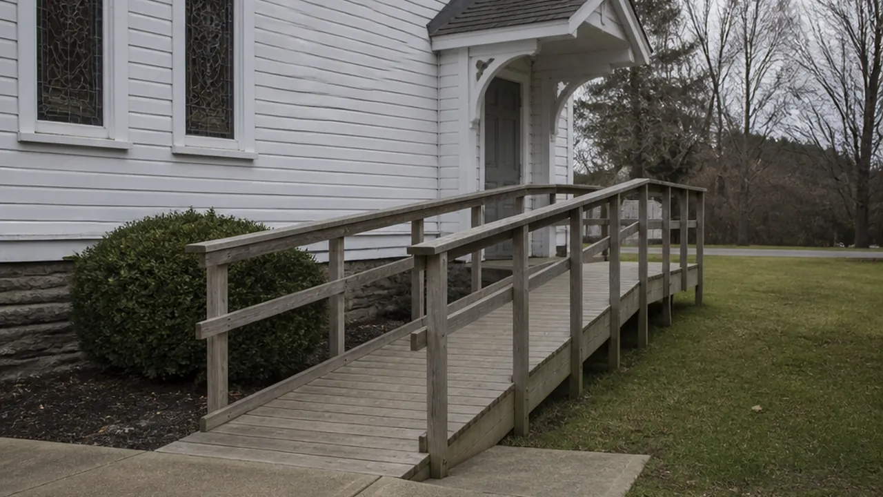 Accessibility ramp with wooden handrails leading to an entrance