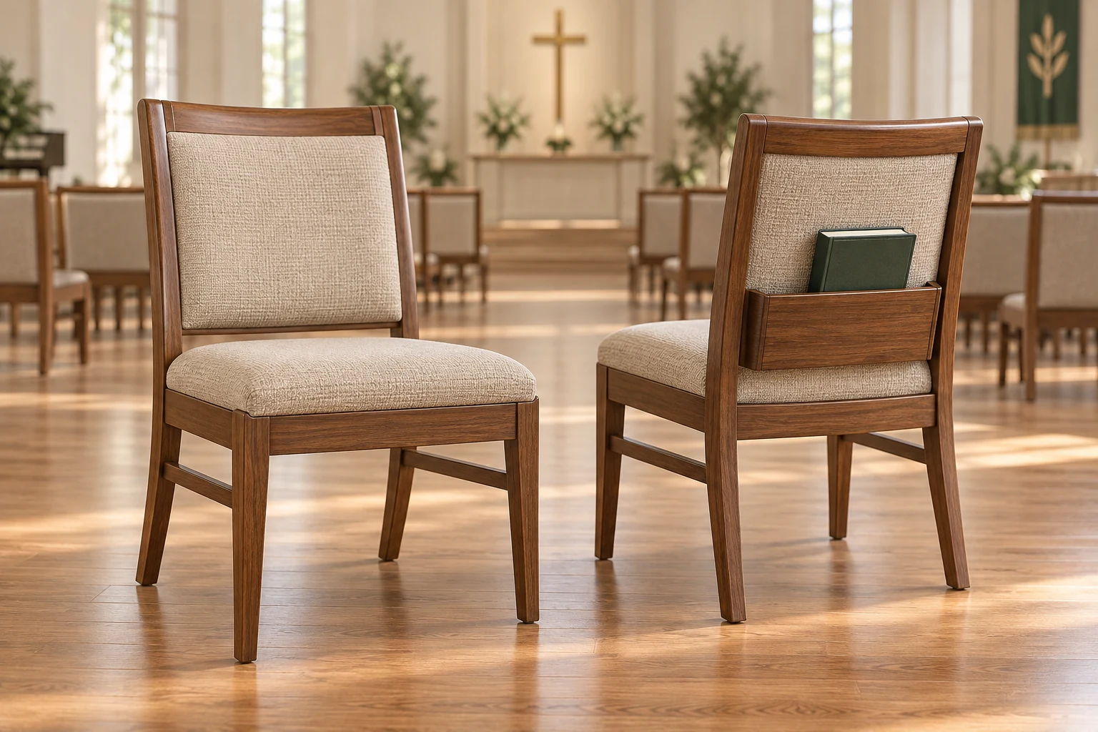 Traditional walnut church chair concepts with oatmeal upholstery and a rear book rack in a sunlit sanctuary