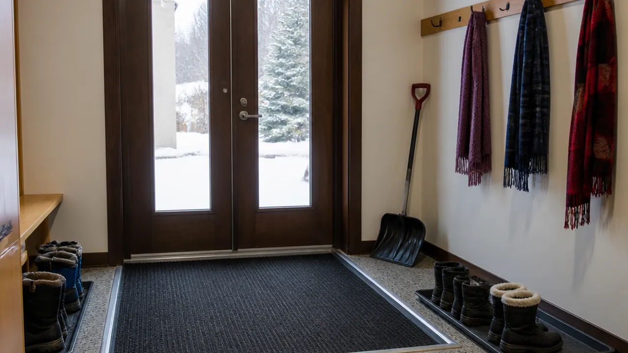 Winter boot zone at an entry with recessed walk-off mats, boot trays, and a snow shovel by the door