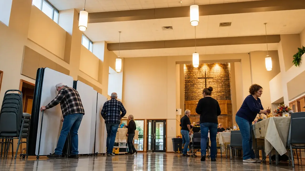 Low wide-angle view of a fellowship hall set with long tables