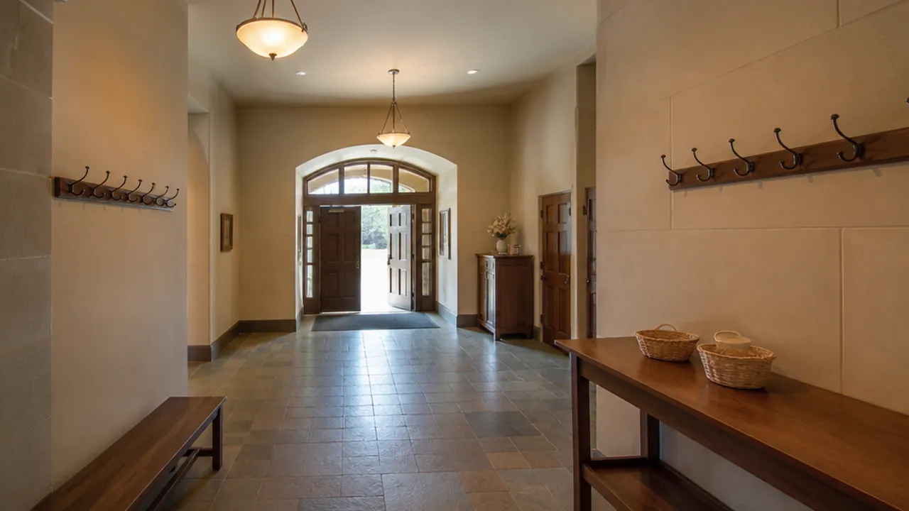 Narthex entrance lobby with coat hooks, a wooden welcome table, and warm pendant lighting