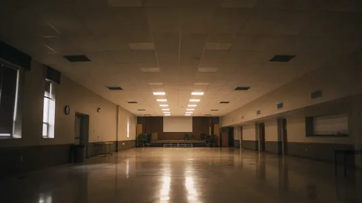 Empty fellowship hall with stacked chairs lit by one row of lights
