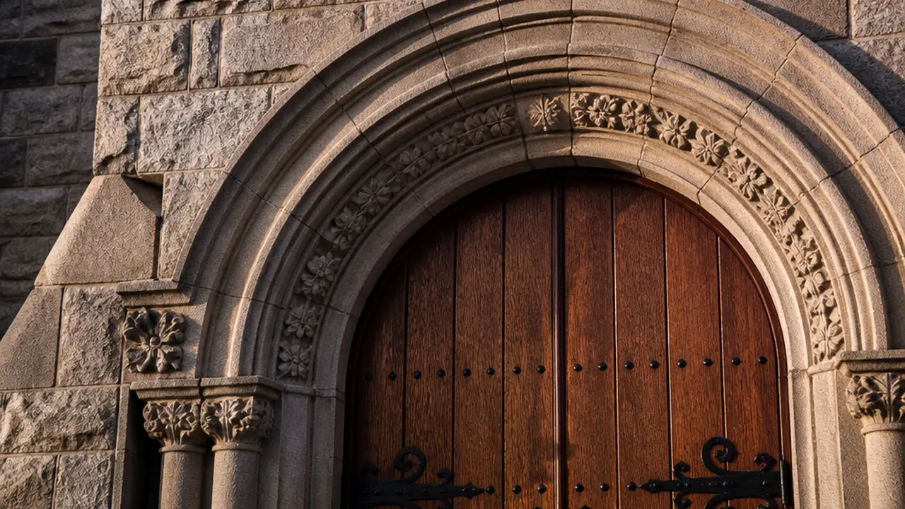 Stone arch over wooden double doors in raking light