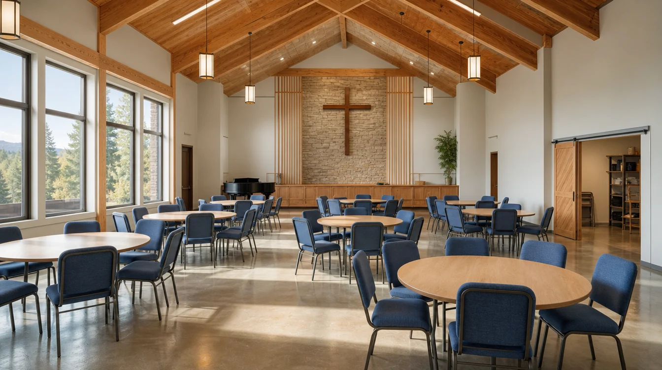 Colorado church fellowship room with tables and upholstered chairs
