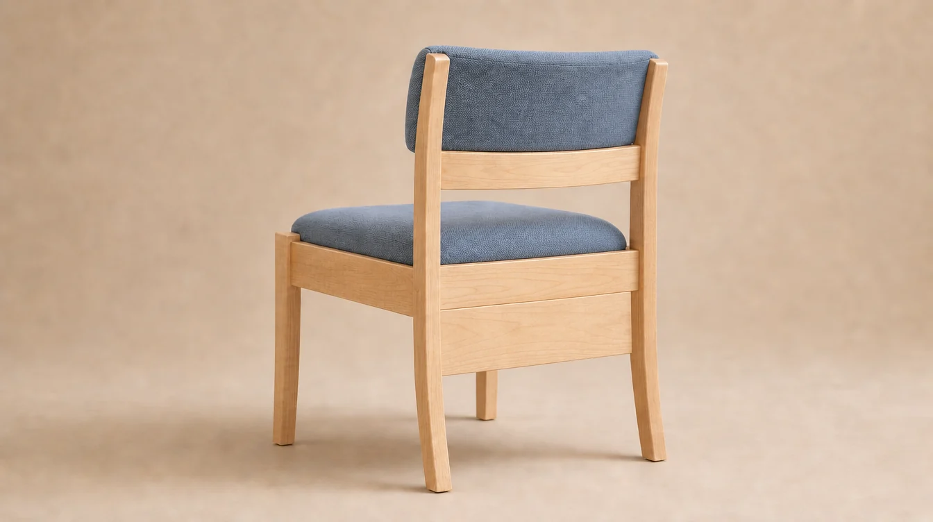 A solid maple church chair with a low softly curved upholstered back, clean squared seat rails and gently tapered legs, clear light-maple finish and muted mineral-blue woven seat and back with a clean back and no rear book rack