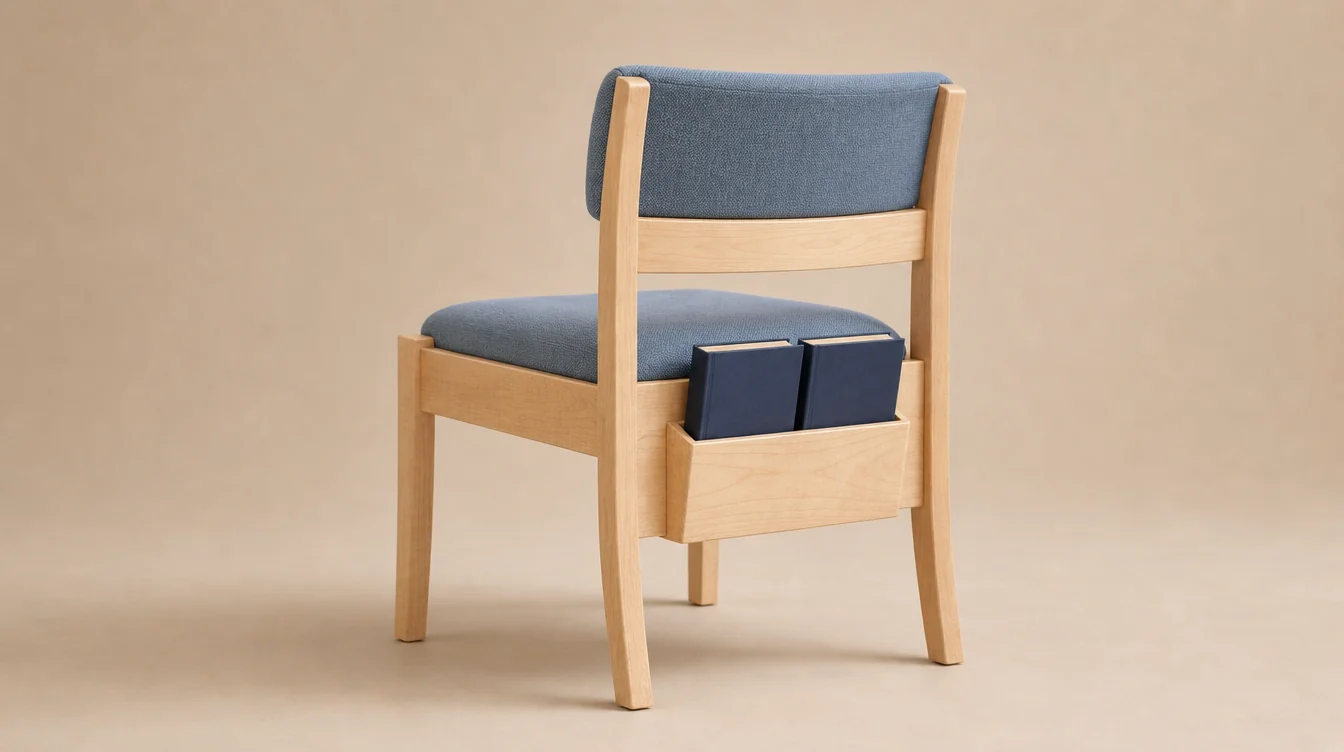 A solid maple church chair with a low softly curved upholstered back, clean squared seat rails and gently tapered legs, clear light-maple finish and muted mineral-blue woven seat and back with a rear book rack