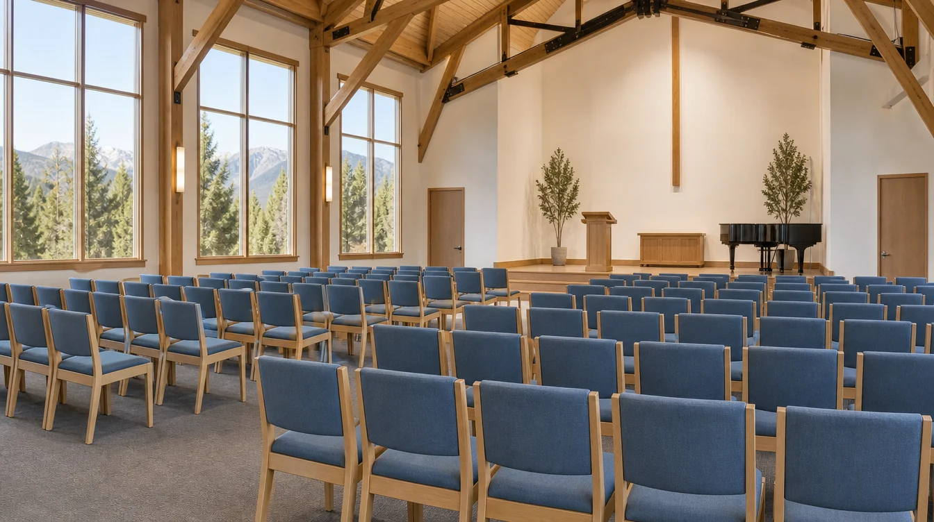 Colorado church sanctuary with rows of a solid maple church chair with a low softly curved upholstered back, clean squared seat rails and gently tapered legs, clear light-maple finish and muted mineral-blue woven seat and back