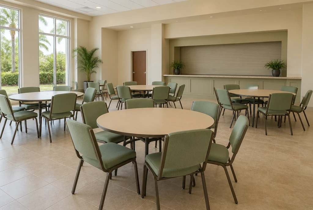 Illustrative Florida church fellowship hall with round wood tables and sage upholstered metal-frame chairs