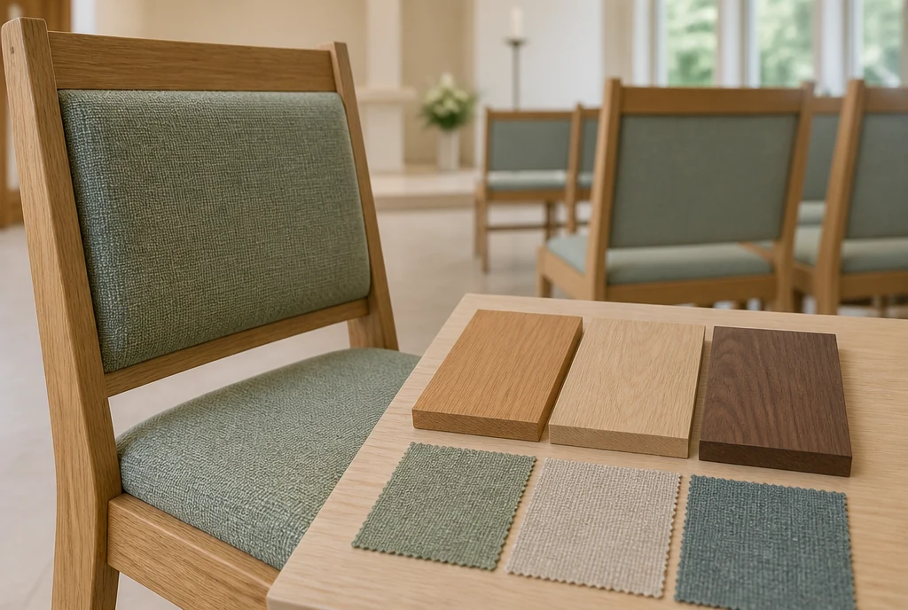 Honey-oak chair detail beside wood finish and sage, oatmeal and blue-green upholstery samples