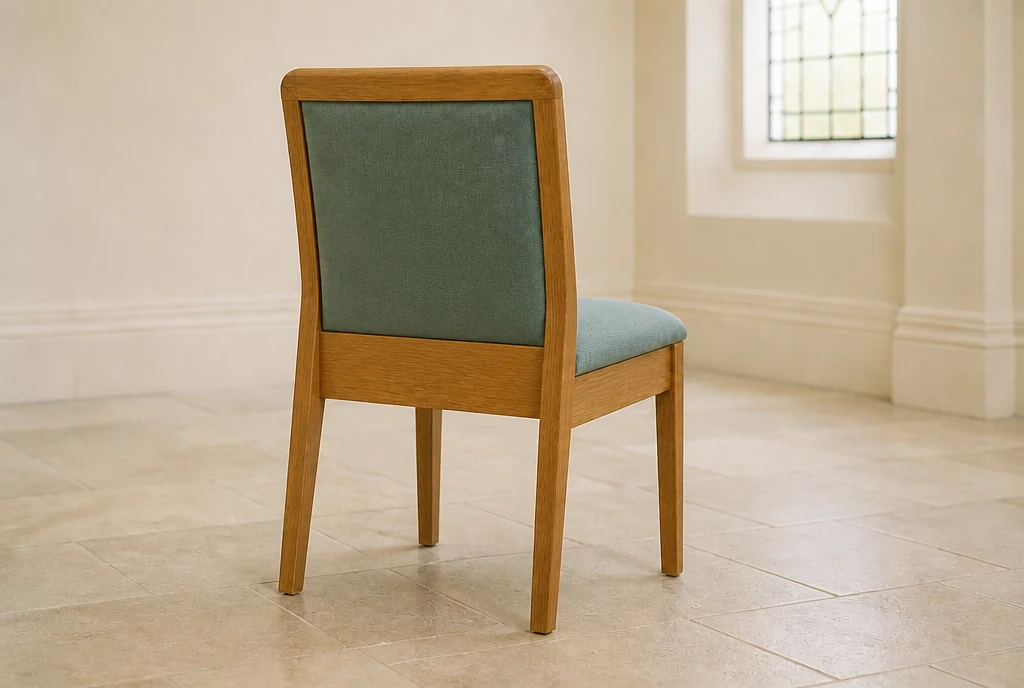 Matching honey-oak church chair concept with sea-green upholstery and no rear book rack