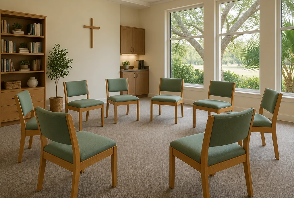 Individual upholstered oak chairs arranged in a conversation circle in an illustrative Florida church study room