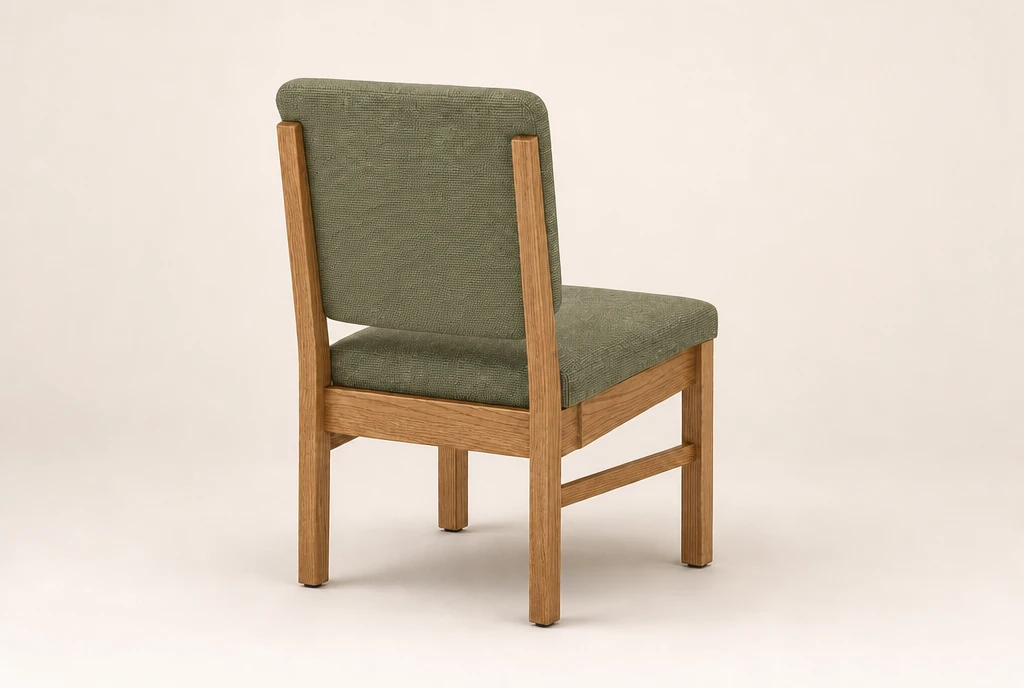 Matching natural honey-oak church chair concept with sage-green upholstery and a clean rear back