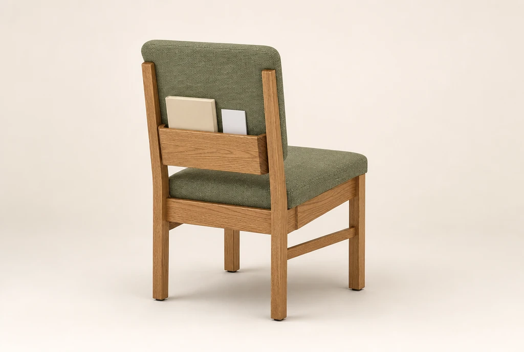 Natural honey-oak church chair concept with sage-green upholstery and a rear book rack