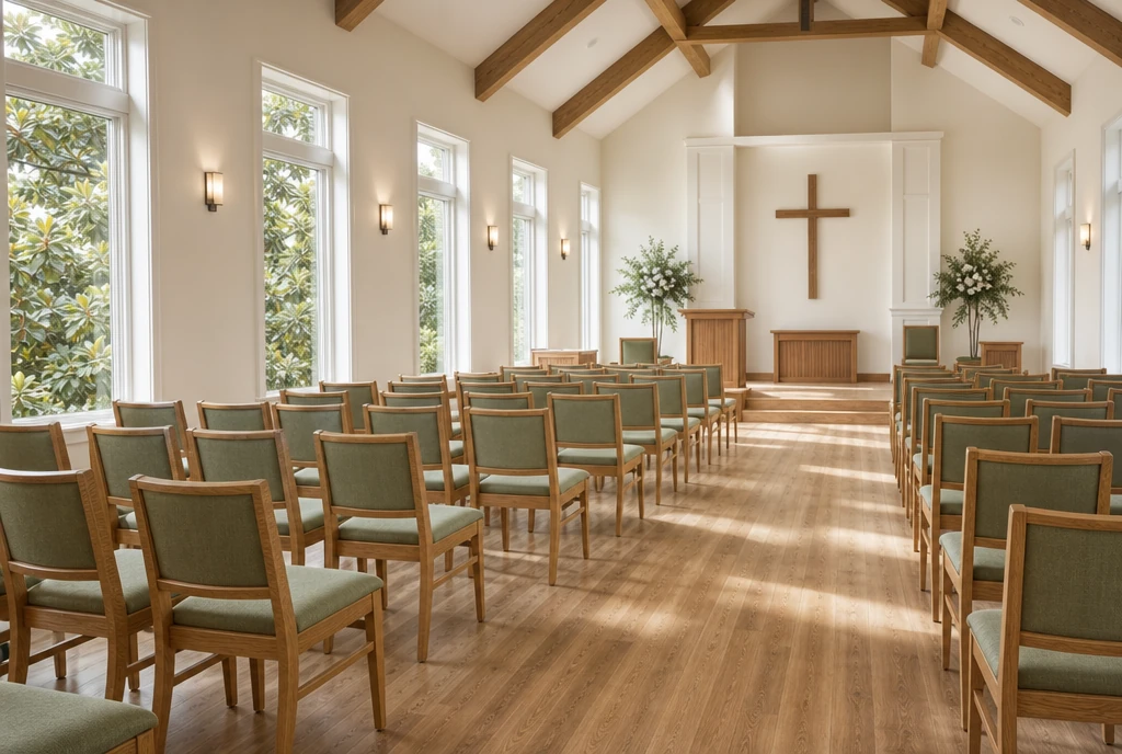 Natural honey-oak church chairs with sage-green upholstery in an illustrative Georgia sanctuary
