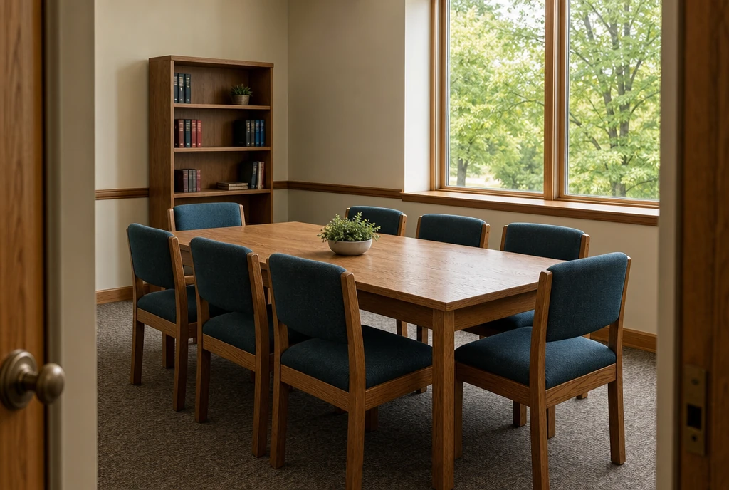 Oak chairs and a meeting table in an illustrative Illinois church committee room