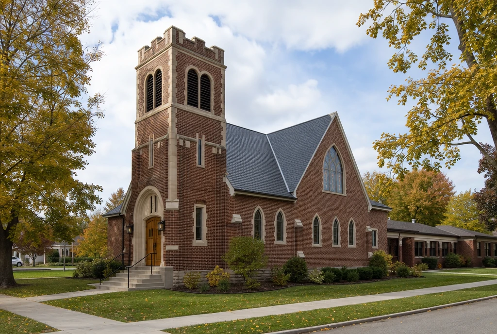 Illustrative church exterior in a northern Illinois small-town setting