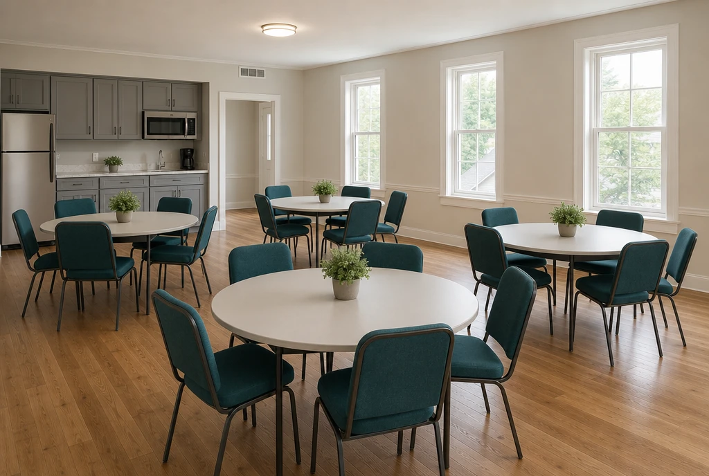 Round tables and teal upholstered metal chairs in an illustrative Illinois church meeting area