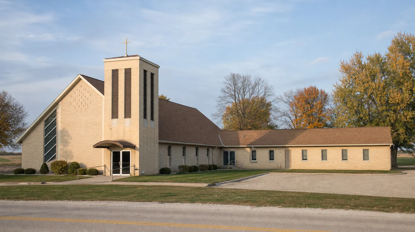 An unnamed Iowa small-town church with pale buff brick, a modest pitched roof, square entry tower and a low fellowship addition, gently rolling land and deciduous trees, ordinary paved receiving access at one side