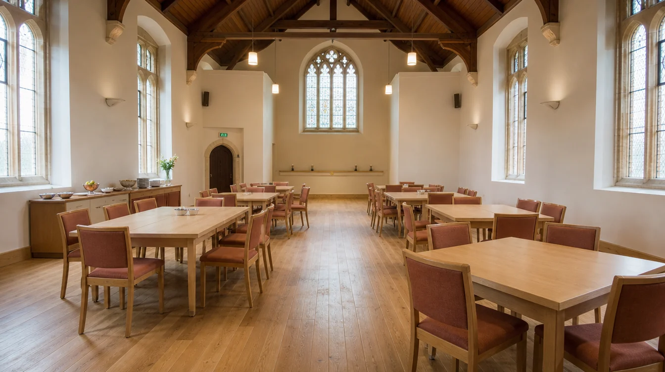Iowa church fellowship room with tables and upholstered chairs