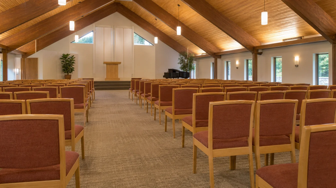 Iowa church sanctuary with rows of a traditional solid beech church chair with a rounded rectangular upholstered back, slender straight legs and subtle curved top rail, warm honey-beech finish and muted clay-rust woven seat and back