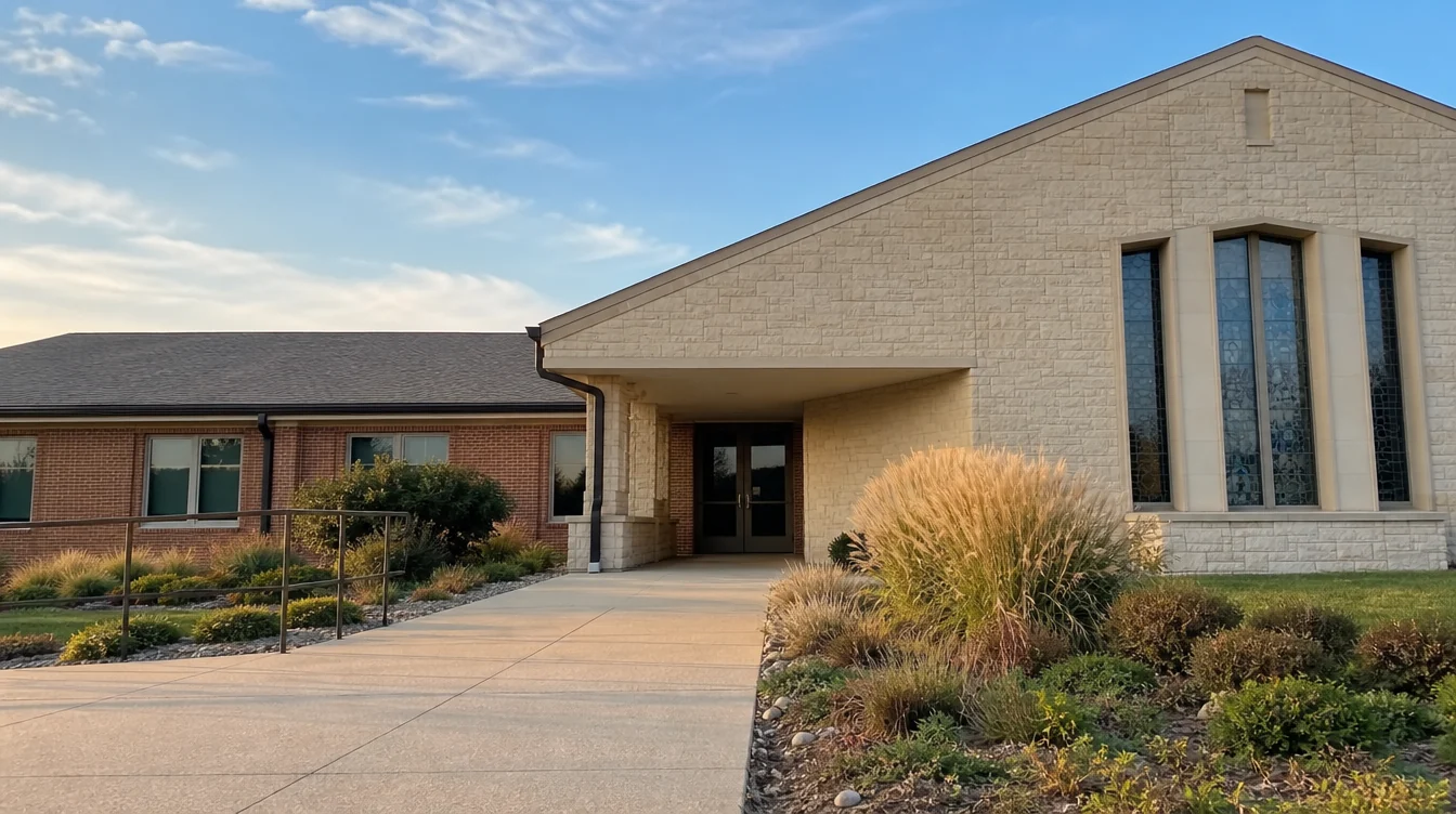 An unnamed eastern Kansas church campus with simple buff limestone and brick exterior, low gabled sanctuary and a connected one-story classroom wing, broad ordinary entry path and prairie grasses in a modest planting bed