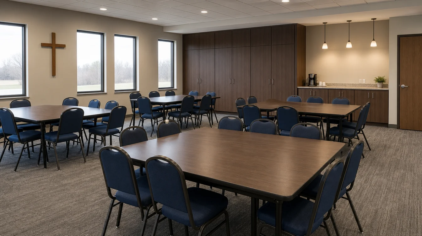 Kansas church fellowship room with tables and upholstered chairs