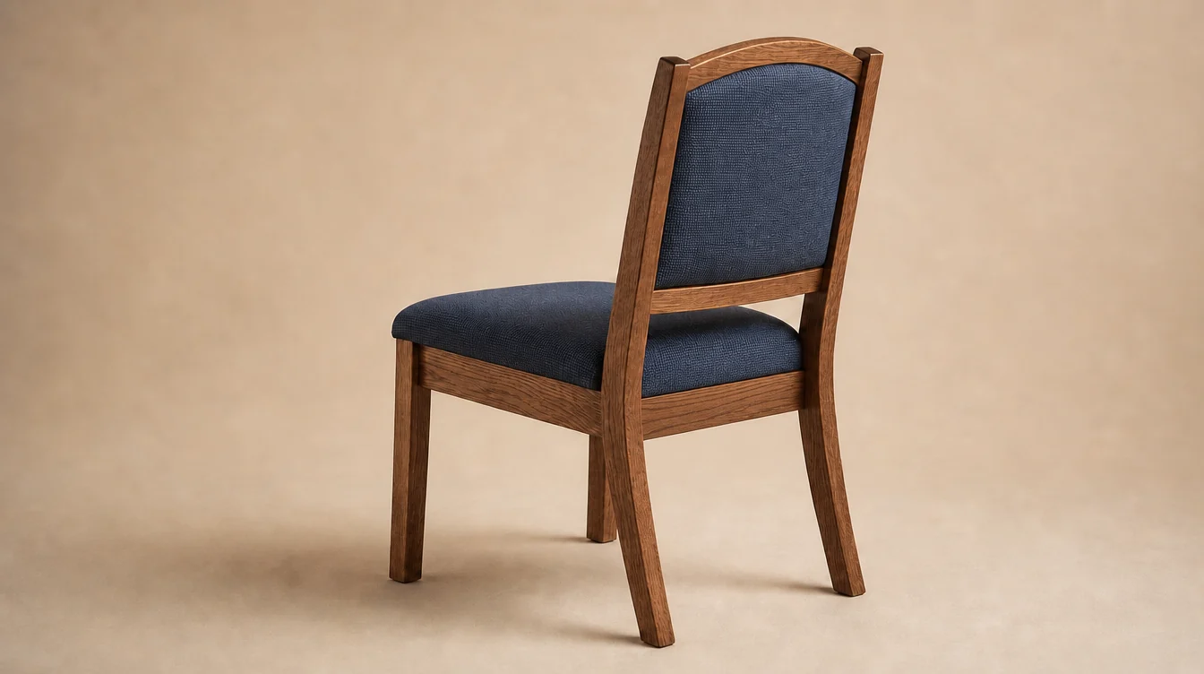A solid ash church chair with a gently arched upholstered back and straight slightly splayed rear legs, medium walnut-brown stained frame and deep muted denim-blue woven seat and back with a clean back and no rear book rack