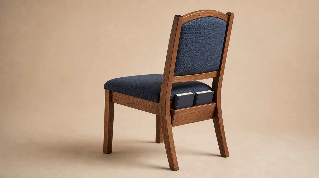 A solid ash church chair with a gently arched upholstered back and straight slightly splayed rear legs, medium walnut-brown stained frame and deep muted denim-blue woven seat and back with a rear book rack