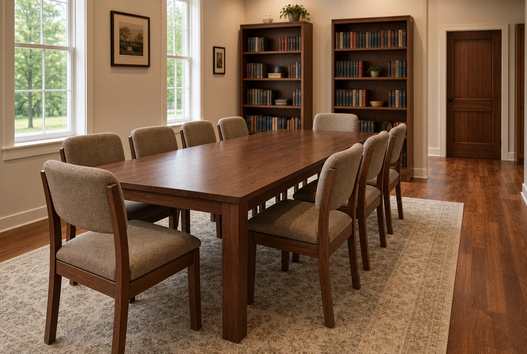 Walnut chairs and a meeting table in an illustrative Kentucky church library
