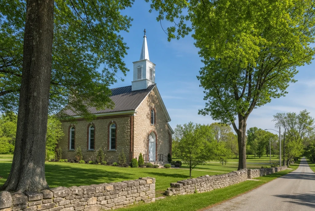 Illustrative church exterior in a central Kentucky Bluegrass setting